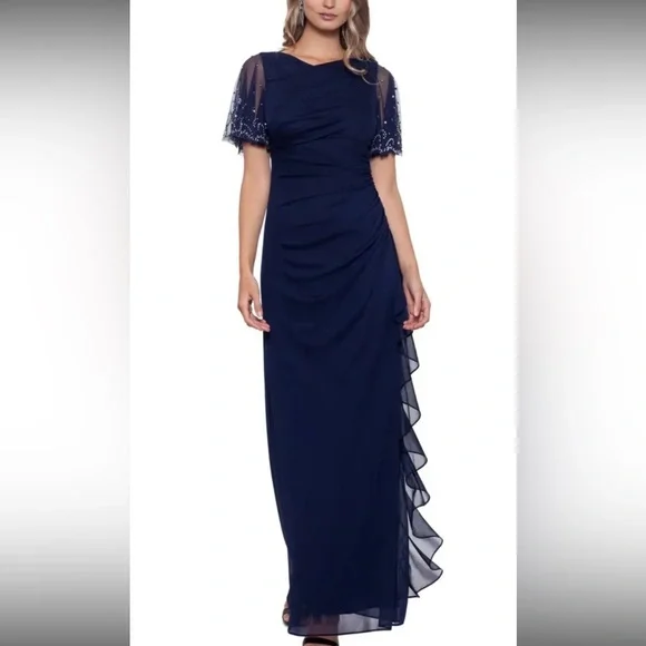Betsy & Adam | Dresses | Betsy Adam Womens Navy Cascading Ruffle Flutter  Sleeve Formal Gown Dress | Poshmark